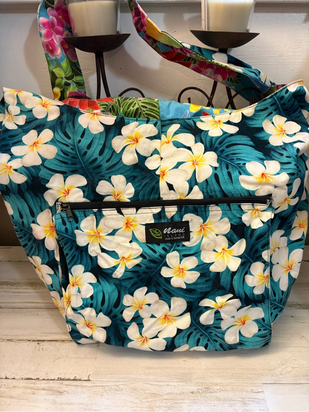Nani Island made in Hawaii Teal Floral Tote Bag — Tropical Plumeria Print